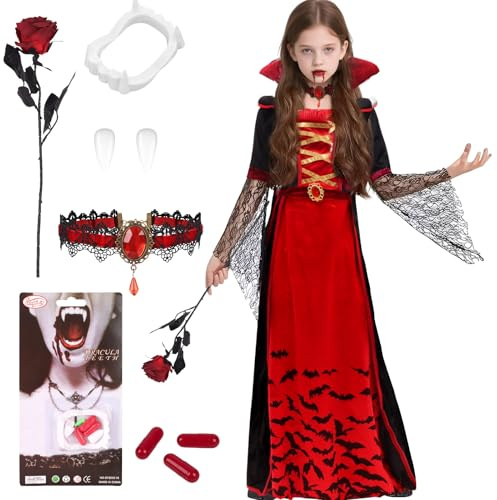PAPU Deguisement Halloween Gothique Vampire Fille,Costume Halloween Royal | Vampire Robe Enfants avec croc,Faux Sang Accessoires,DéGuisement MaléFique Enfant,Robe Gothique Fille Carnaval,Cosplay