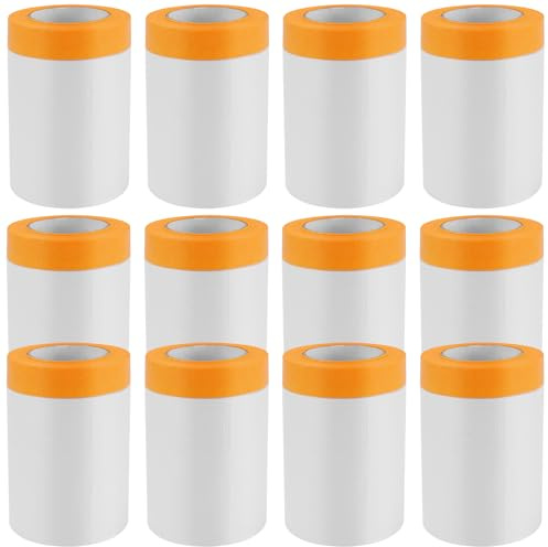 SINJEUN 12 Stück Malerfolie mit Klebeband, 55cm x 20m Abklebeband mit Folie, Orange Malerfolie Abdeckfolie für Malerarbeiten