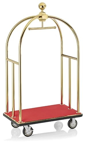 Chariot à Bagages Hôtel Doré - INOX - Plateforme Moquette Rouge - 4 Roues - Luxe Professionnel