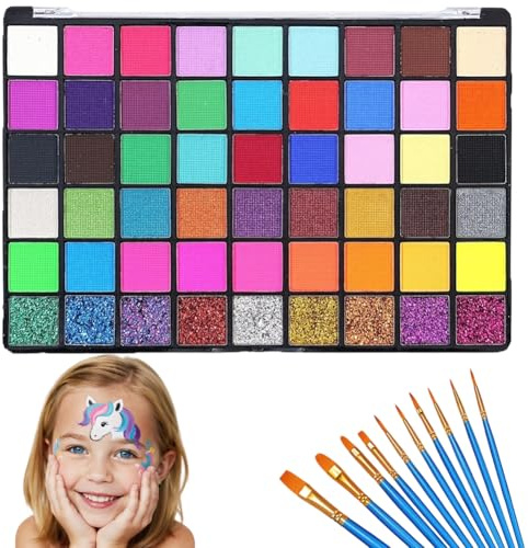 Umllpet Juego de pintura facial para niños, 54 colores, para maquillaje teatral, colores faciales para niños, juego con 11 pinceles, juego de maquillaje infantil para Halloween, carnaval