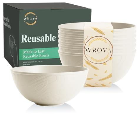Wrova Unbreakable Plastic Bowls 40oz Large Bowl for Cereal and Salad, Reusable Bowls Set of 6, Big Deep Bowl Suitable for Kitchen, Party, Camping and RV - Beige