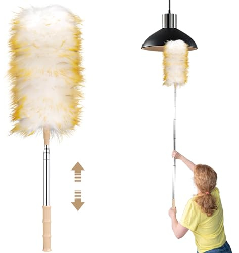 Extendable Feather Duster, 130cm Lambswool Duster for Cleaning Extendable and Reusable, for High Ceilings Lights Home, Office, Car Cleaning
