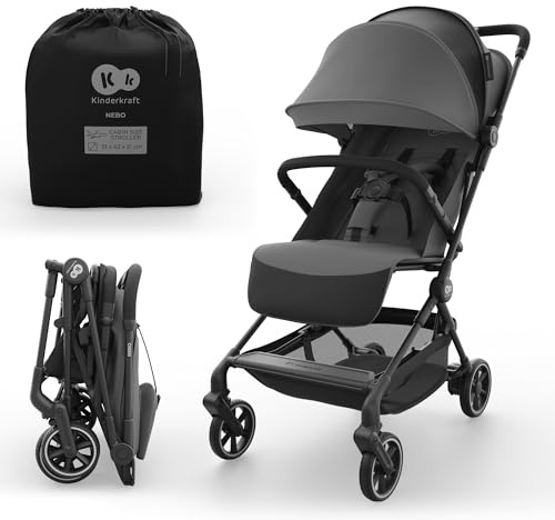 Kinderkraft NEBO Kabinenbuggy ultraleicht, Einhand-Faltmechanismus, Handgepäckmaß 51×43×21 cm, steht selbstständig, Schultergurt+Transporttasche, flache Liegeposition, 5-Punkt-Gurt, Grau