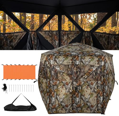 COSTWAY Tente de Chasse pour 4 Personnes, Store de Camouflage avec Fenêtres Porte Entièrement Ouvrante Panneaux de Sécurité Amovibles Sac de Transport, Abri Pop-up Portable pour Camping Chasse