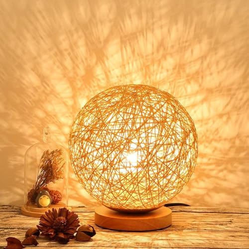 OOWOKS Kugel Tischleuchte Akku Kabellos Tischlampe Holz Handgewebt Kugel Boho Rattan Laterne LED Touch Nachttischlampe Dimmbar Kleine Lampe Batterie Nachtlampe Schlafzimmer Deko Kinderzimmer Lampe