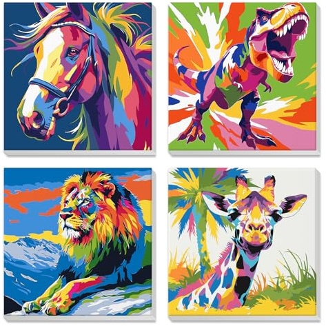 DAERLE Malen Nach Zahlen Erwachsene 4 Stück mit Rahmen, Pferd, Dinosaurier, Löwe, Giraffe, Malen Nach Zahlen Kinder Kits ab 6 7 8 9, Regenbogen Tier, Paint by Numbers Handgemalt Ölgemälde, 20x20 cm