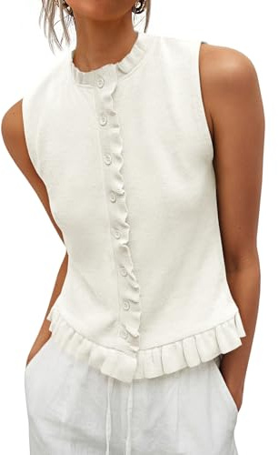 Saodimallsu Womens Sleeveless Sweater Vest Ruffle Button Down Knit Tank Top Summer Trendy Going Out Vest Tops White