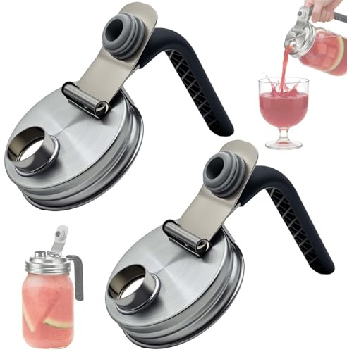 YuCool Wide Mouth Mason Jar Pour Spout Lids Stainless Steel with Handle, Flip Cap Lids for Mason Jars, Leak Proof Seal Cover Cap, Pack of 2