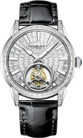 BAOFEILUN HENGARY Orologio da uomo automatico con tourbillon e quadrante completamente diamantato – 43 mm lusso orologio da polso da uomo con vetro zaffiro, cinturino in pelle e farfalla a doppia