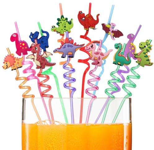 NiceNaiils 12 Pcs pajitas infantiles reutilizables, dinosaurio Straws espiral, pajitas reutilizables, pajitas de dinosaurio para niños, para fiesta de cumpleaños de niños, decoración de mesa