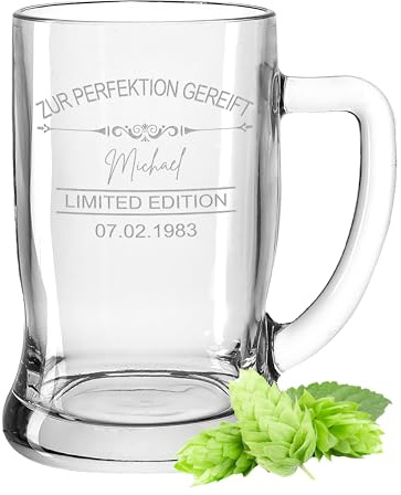 Gravur-Max Leonardo Bierkrug 0,5L mit Gravur & Name – personalisiertes Bierglas „Zur Perfektion gereift limited Edition“ – Bierkrug personalisiert – spülmaschinenfest –Geschenk für Männer