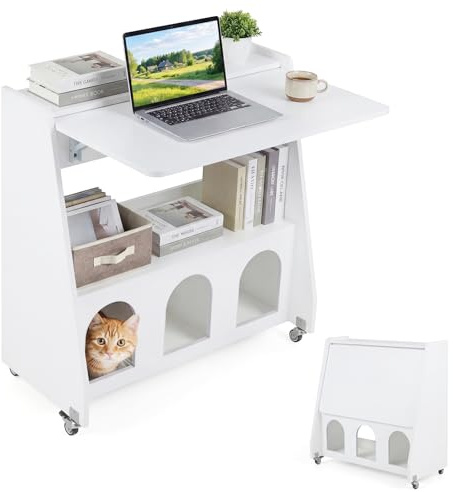 COSTWAY Scrivania Salvaspazio, Scrivania Pieghevole con Ruote, Ripiano Aperto, Ripiani Nascosti e Cuccie per Gatti, Scrittoio Moderno e Multifunzionale per Studio, Salotto e Camera da Letto (Bianco)