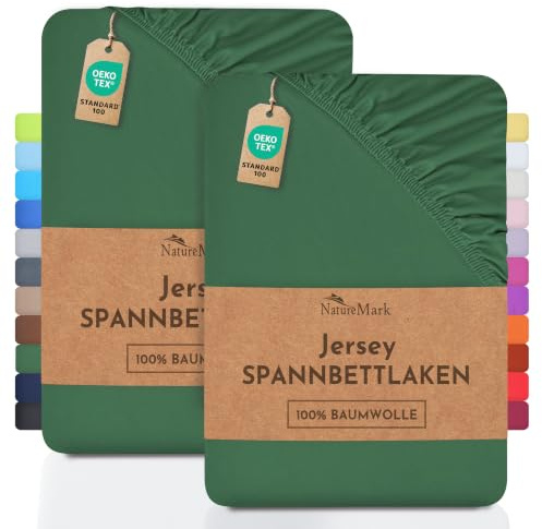 NatureMark 2er Pack Jersey Spannbettlaken, Spannbetttuch 100% Baumwolle in vielen Größen und Farben MARKENQUALITÄT ÖKOTEX Standard 100 | 90 x 200 cm - 100 x 200 cm - dunkel grün