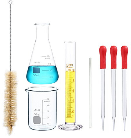 50ml Beaker 50ml Flask and 10ml Cylinder Small Glass Measuring Set with 3 10CM Dropper, 1 10CM Stir Bar and 1 Cylinder Brush Pack of 8 with Gifts Avalible