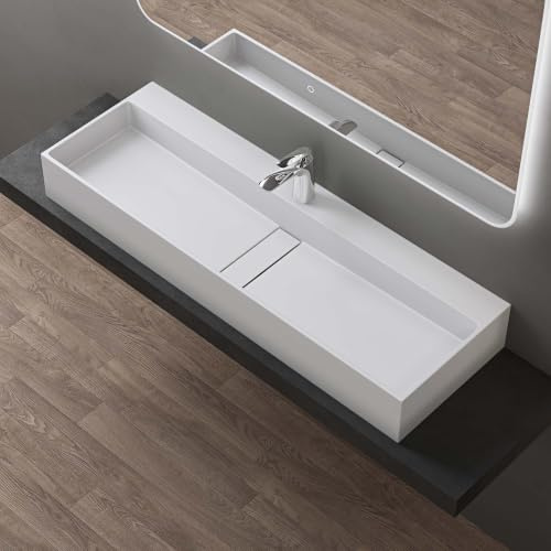 doporro Lavabo Bagno Sospeso Rettangolare Lavabo da Appoggio con Foro Rubinetto 120 x 40 x 14 cm Bianco Opaco Lavandino in Resina Minerale Ideale per Casa Ristorante e Hotel Design Colossum6028