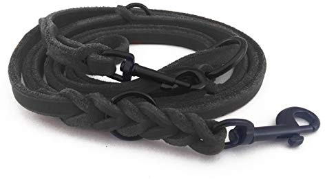 Fettleder Führleine 3-Fach verstellbare Lederleine geflochten für Hunde 96 Modelle zur Auswahl (2,40m x 12mm, schwarz, schwarz Matte Haken)