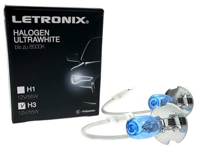 letronix Halogen Auto Lampen H3 12V 8500K Kalt Weiß Xenon Optik Gas Ultra White Look Birnen Lampe Abblendlicht Nebelscheinwerfer Fernlicht Kurvenlicht Zulassung E-Prüfzeichen (LED Optik) (H3 55W)