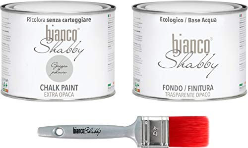 CHALK PAINT Grigio Polvere & FINITURA + PENNELLO - Pittura Shabby Chic EXTRA OPACA (500 ml) + Finitura Trasparente Opaco (500 ml) + 1 Pennello Pro 40 mm