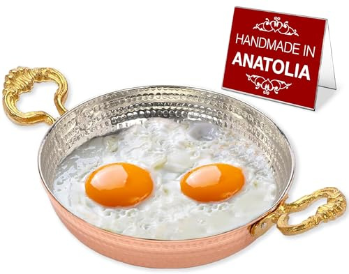 Hakan Sartén de chef redonda de cobre, estilo otomano tradicional, hecha a mano, utensilios de cocina de diseño auténtico, Sahan martillado hecho a mano, sartén para tortilla de huevo turco, 6.3
