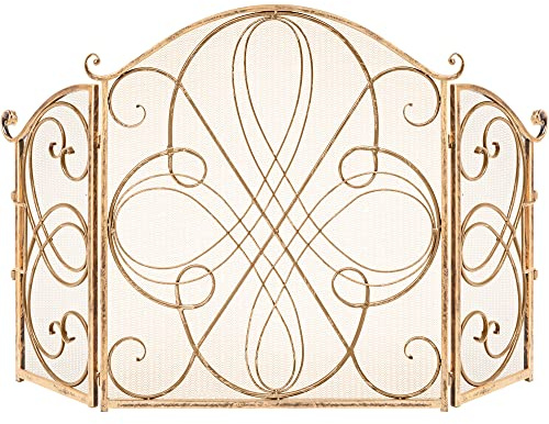Best Choice Products Paravento per caminetto in ferro battuto massiccio trasparente, a 3 pannelli, 139,7 x 83,8 cm, protezione di sicurezza con rotolo decorativo, colore: oro