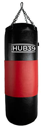 Hub39 Boxsack aus Leder, Vollleder, 50 kg, Sack – Boxsack, Länge: 100 cm, Voll-Boxsack – Boxsack 50 kg (schwarz, rotes Band)