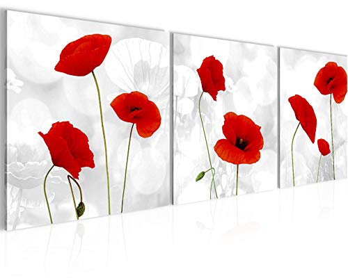 Runa Art Bilder Blumen Mohnblume 3 Teilig Bild auf Vlies Leinwand Deko Wohnzimmer 90 x 30 cm Abstrakt Grau Rot 028234a