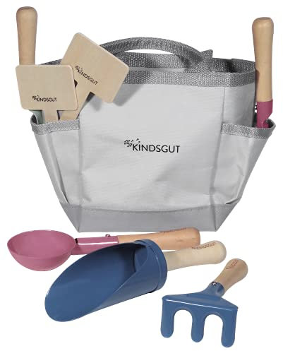 Kindsgut Gartenset, Gartengeräte für Kinder aus hochwertigem Holz und Metall in Einer Tasche, Schlichtes Design und dezenten Farben für Spielspaß im Garten und auf dem Spielplatz, kindgerecht