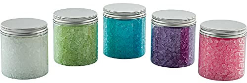 Badesalz - 300 Gramm - Set mit 5 verschiedenen Düften: Opium, Rosen, Relaxmoment, Lavendel und Eukalyptus