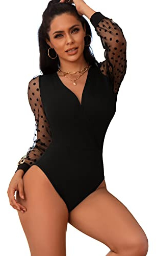 comeondear Donna Body Sexy Maniche Lunghe in Pizzo Lingerie Bodysuit Taglie Forti Teddy Top Clubwear Bodycon(Nero,XL)