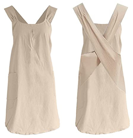 DanLink Unifarbene Baumwoll-Leinenmischung, mit großen Taschen, japanischer Stil, kreuzender Bindungs-Halter, Retro-Literatur-Schürzen, Damen-Lätzchen, für Küche, Garten, Blumen, Khaki