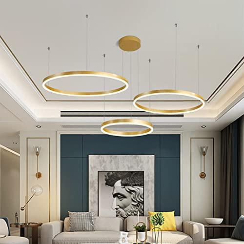 HYQJUNE Modern LED Ring Pendelleuchte Dimmbar Wohnzimmerlamp Aluminium Kronleuchter Mit Fernbedienung Schlafzimmer Hängeleuchte Salon Esszimmer Deckenleuchte Metall Acryl Hängelampe,Gold,60+80+100