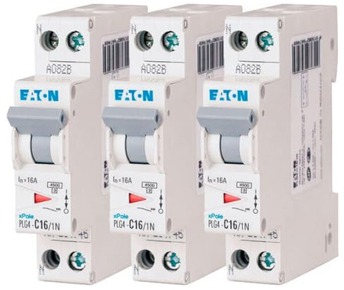 EATON 264746 PLG4-C16/1N – MODULARER DISJONCOR PH/N – Weiß – Griff Grau – 1P+N / 16 A – C-KURBE – Schraubanschluss – 3 Leistungsschalter