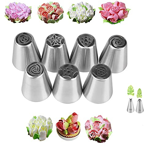 Russian Piping Nozzles Set with 7 Flower Piping Nozzles & 2 Leaf Icing Tips Nozzles for Frosting Cookie Cupcake Cake Decorating