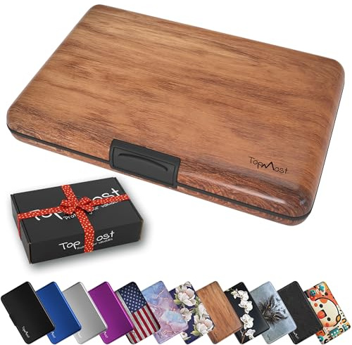 TopMost RFID-blockierendes Aluminium-Kreditkartenetui für Männer und Frauen – Steckplätze für 12 Karten und Rechnungen, Holzstruktur, 11 * 7.5 * 2cm, Karten- und Geldscheinhalter