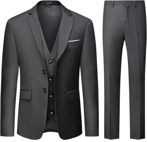 Allthemen Herren Anzug 3-Teilig Slim Fit Einreihig Zwei Knöpfe Hochzeit Smoking Anzug Blazer Weste Hose Grau 3XL
