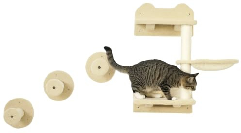 PawHut Kletterwand Katzen 4-teilig Set, bis zu 5 kg Beige+Cremeweiß | Katzen Kletterwand Set, mit Sprungturm, 3 Kratzbäume, Kratzbaum mit Hängematte, Wandkratzbaum, Wand Katzenmöbel Kletterpark