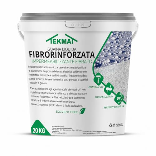 Guaina Liquida Impermeabilizzante Fibrorinforzata TEKMAT 20 kg – Membrana Elastica Calpestabile Resistente UV per Terrazzi, Tetti, Balconi, Lamiere – Monocomponente Pronta all'Uso (20 kg, Grigio)