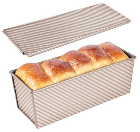 Bakeley Commercial Pullman Loaf Pan with Lid, 2.2Lb Dough Capacity Non-Stick Rectangle Corrugated Bread Toast Mold with Cover for Baking Bread (Champagne Gold)
