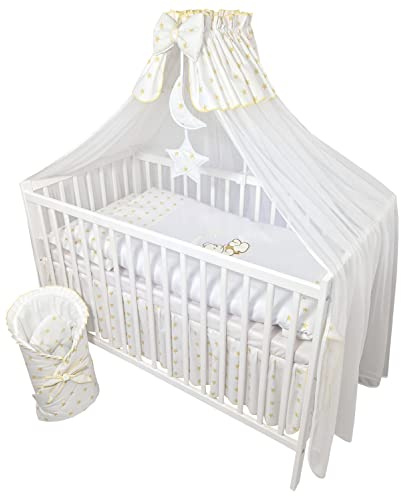 Bello24 - 13 pièces lit bébé lit d'enfant et literie Set Complet Timmi INCL. Matelas réglable en Hauteur pour Nouveau-nés et Enfants en Bas âge en Bois Massif brodé (Ourson Lune étoiles dorées)