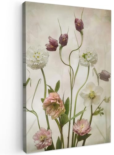 MuchoWow© Leinwandbild Dekoration Wohnzimmer Vintage Bilder Aufhängen Wall | 40x60 cm - Decoration Living Room Wohnungs Deko Moderne Blumen - Frühling - Garten - Trockenblumen