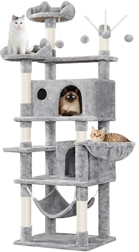 Yaheetech Rascador para Gatos con Hamaca Torre Escalado 170cm Gris Claro | Para Gatos grandes, Hamaca,Estabilidad, Fácil montaje, Duradero, Perca ancha, Cesta blanda, Bola colgante sustituible