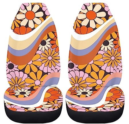 Coloranimal Housses de siège de voiture bohémiennes colorées à fleurs pour femmes, accessoire de voiture floral arc-en-ciel, siège de seau non glissant, protection universelle, fleurs hippies