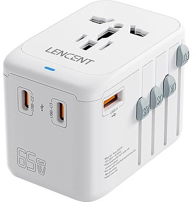 LENCENT GAN III 65W Adattatore da Viaggio Internazionale, Adattatore Presa Universale con 4 Porte USB, Ricarica Rapida, Spina Presa per Viaggiare, Spina Tipo A/C/G/I (USA/EU/UK/AUS) -Bianco