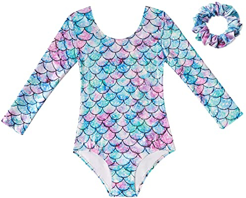 Happy Cherry Turnanzug Mädchen Langarm Gymnastikanzug Kinder Rhythmische Sportgymnastik Anzug Fischschuppen Bedruckte Tanztrikot Gymnastik Trikots 110
