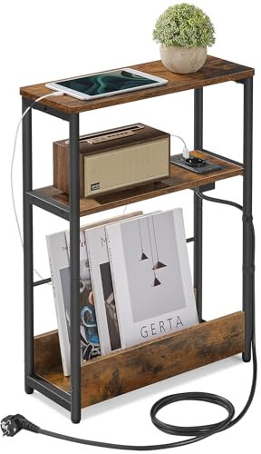 VASAGLE Beistelltisch schmal, Nachttisch mit Ladefunktion, Couchtisch klein, 3 Ablagen, Zeitschriftenhalter, für Wohnzimmer, Schlafzimmer, Arbeitszimmer, vintagebraun-tintenschwarz LET335K02