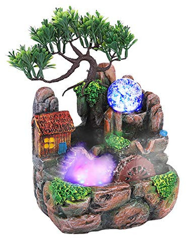 Simulation Harz Desktop Brunnen Steingarten Dekoration, Mini Silent Indoor Ornament Schreibtisch Wasser Brunnen Desktop Zerstäubt Wasser, LED Lichter, Hause Ornament (220V