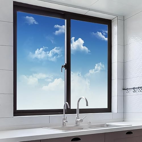 Fensterfolie Weißer Himmel Blau Milchglasfolie Fensterfolie Milchglas Selbstklebend Fensterfolie Sichtschutz Blickdicht Fenster Sichtschutzfolie Folie für Fenster Bad 40x120cm/2 Pcs