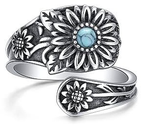 Flyow Gänseblümchen Löffel Ring für Damen – Sterling Silber Vintage Oxidierte Daumen Ringe Viktorianischer Türkis Schmuck – Boho Einstellbare Offene Statement Ringe Schmuck Geschenke