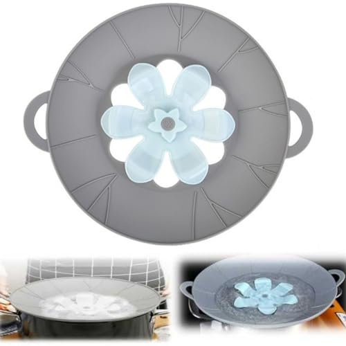 Silicone Spill Stopper, Rotatable Flower Shape Lid, Multifunction Reusable Splatter Lid for Pans, Microwave, Skillets (Grey, Small (23cm))