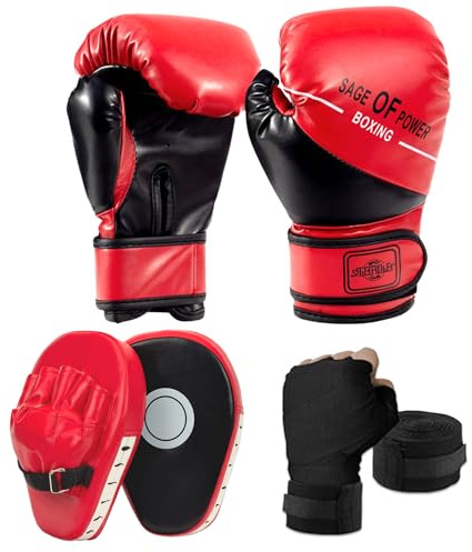PARPIQ 3-in-1 Boxing Gloves and Punching Mitts Set for Kids, Boxing Mitts Focus Pads with Hand Wraps for Kid, Youth Leather Punching Equipment Gloves Set for MMA, Karate, Muay Thai, Taekwondo